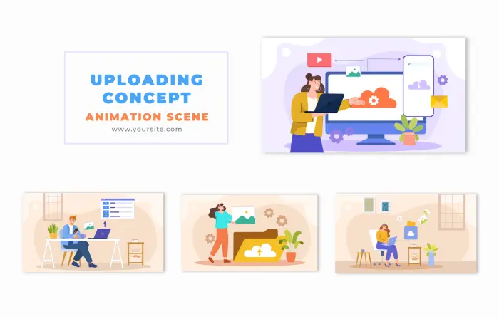 File Uploading to the Cloud Concept Flat Vector Animation Scene